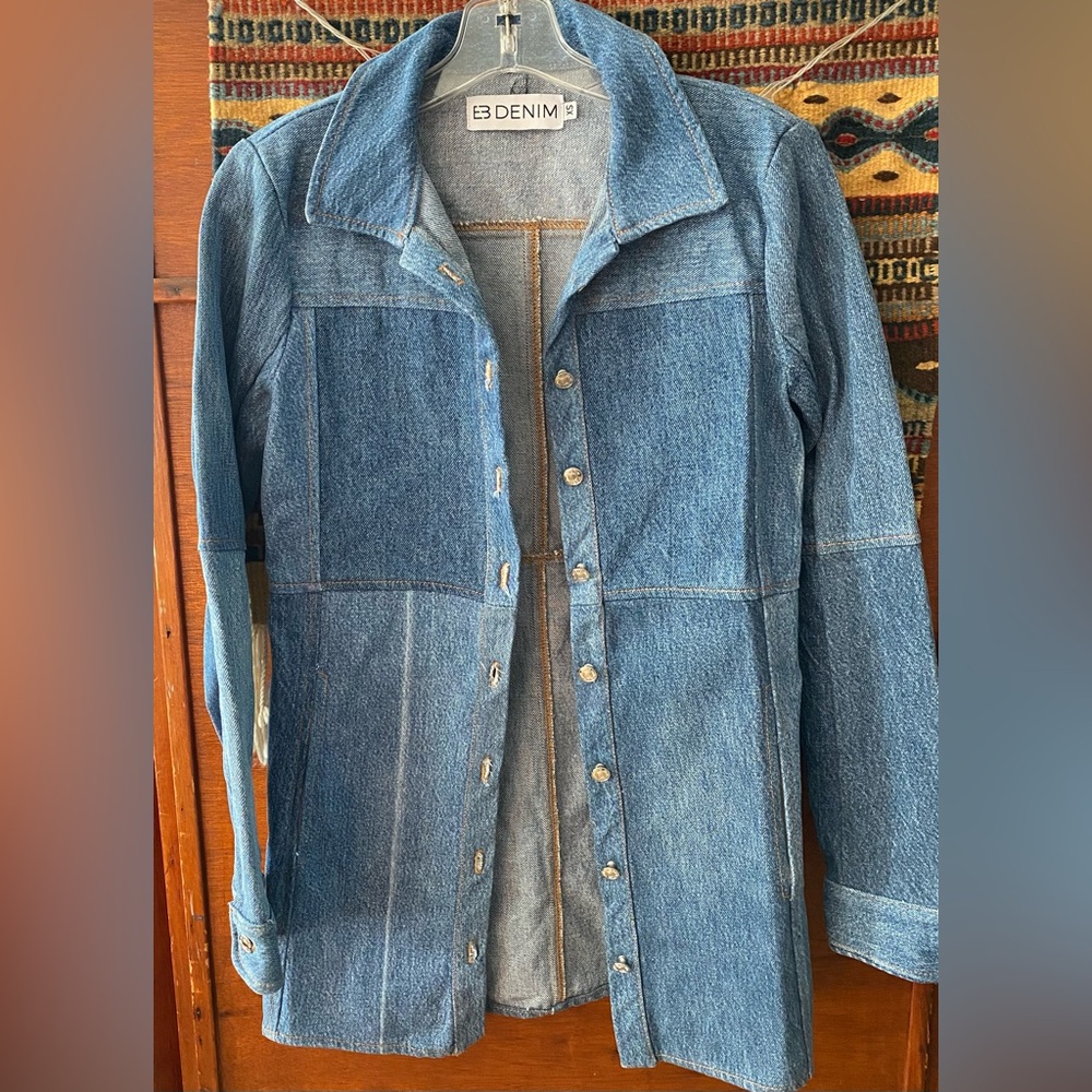 EB Denim Patchwork Trench Dress Jacket - RE-Worked Jeans Vintage Size XS